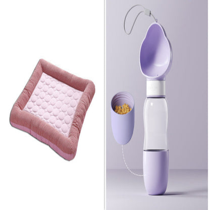 Pink quilted mat and purple and white device on a light gray background