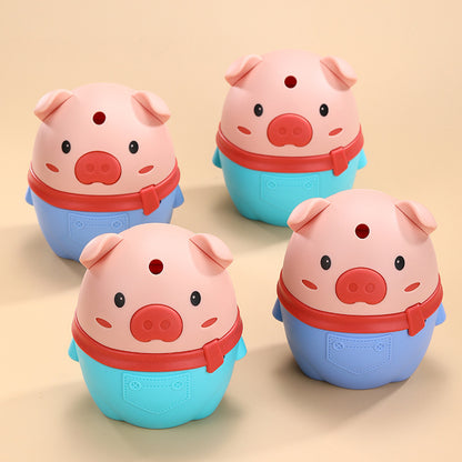 Four cartoon pig-shaped containers on a beige background