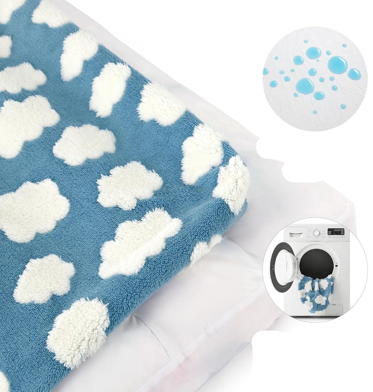 Blue bath mat with white cloud pattern, showing waterproof inner lining and machine washable cover features.