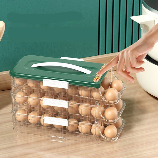 Egg storage container with freshness labels on a wooden surface