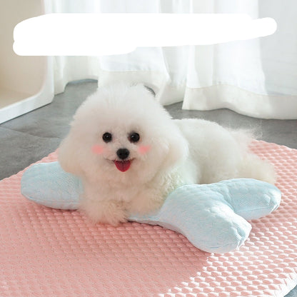 White fluffy dog lying on a disassembled pillow with text above it.