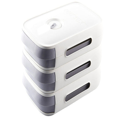Stack of white and gray containers on a white background
