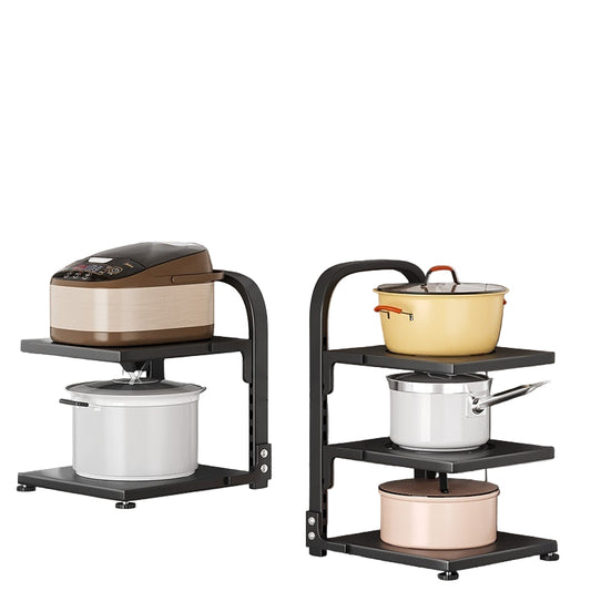 Wall-mounted countertop storage shelves with pots and pans on a marble tiled wall background.