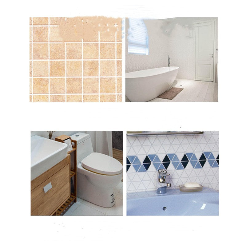 Collage of bathroom scenes with tiled walls and fixtures.
