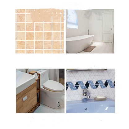 Collage of bathroom scenes with tiled walls and fixtures.