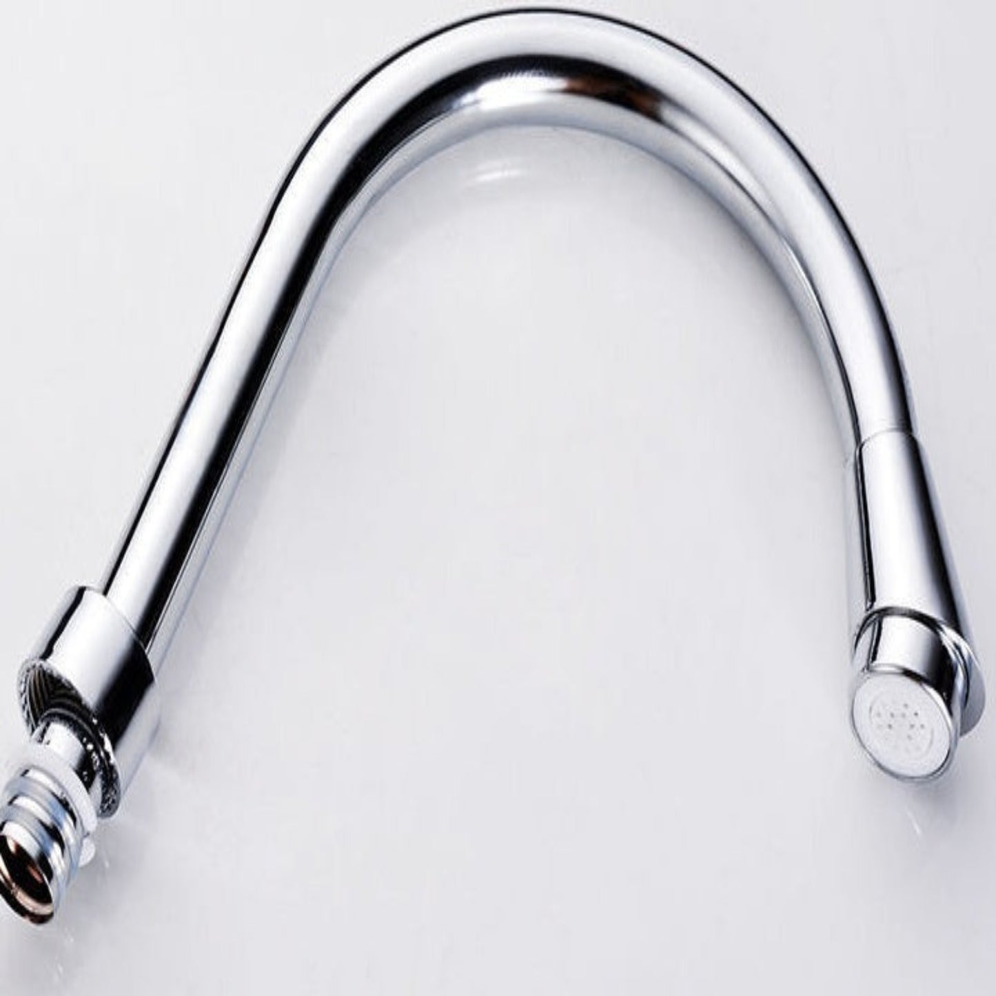 Chrome kitchen faucet handle on a white background
