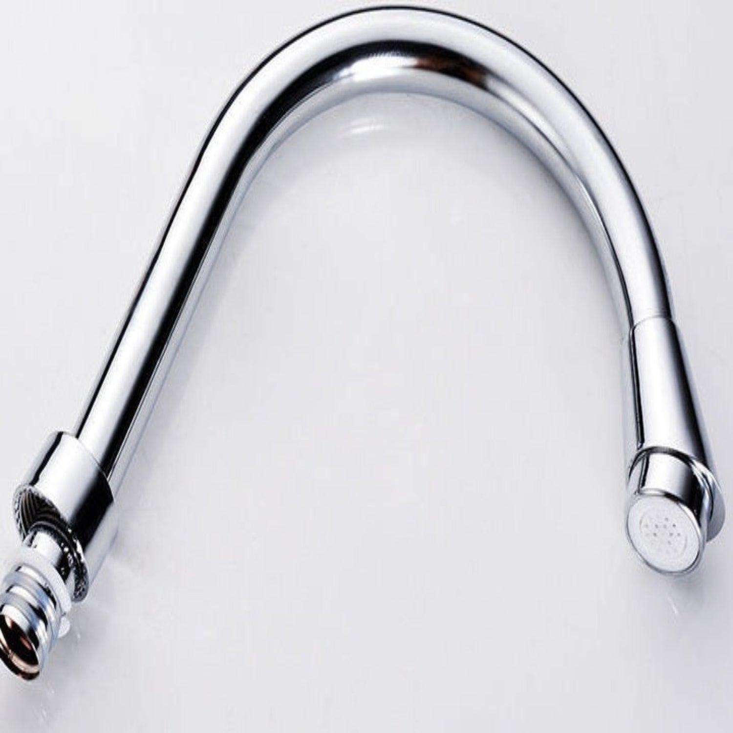 Chrome kitchen faucet handle on a white background