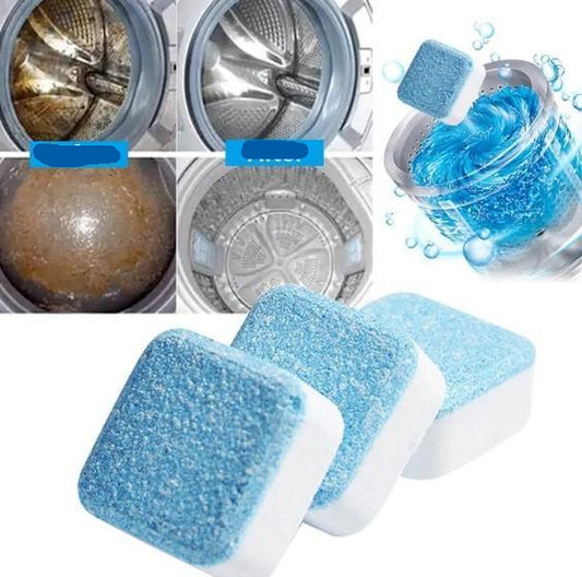 Before and after comparison of a washing machine with cleaning tablets shown.