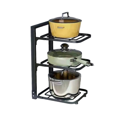 Three-tier pot rack with pots and pans, showing dimensions and adjustable base.