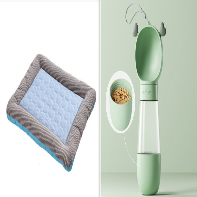 Pet bed and green pet water bottle on a white background
