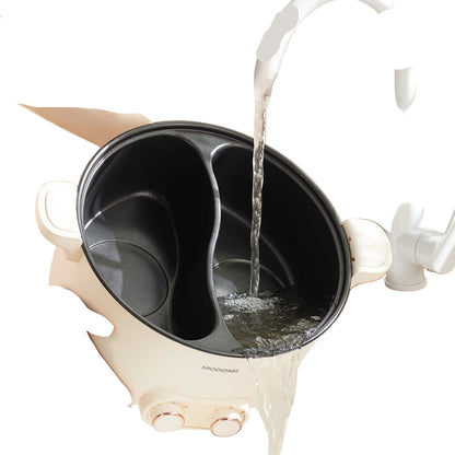 Person rinsing a black and beige pot under running water with text about non-stick coating ease of cleaning.