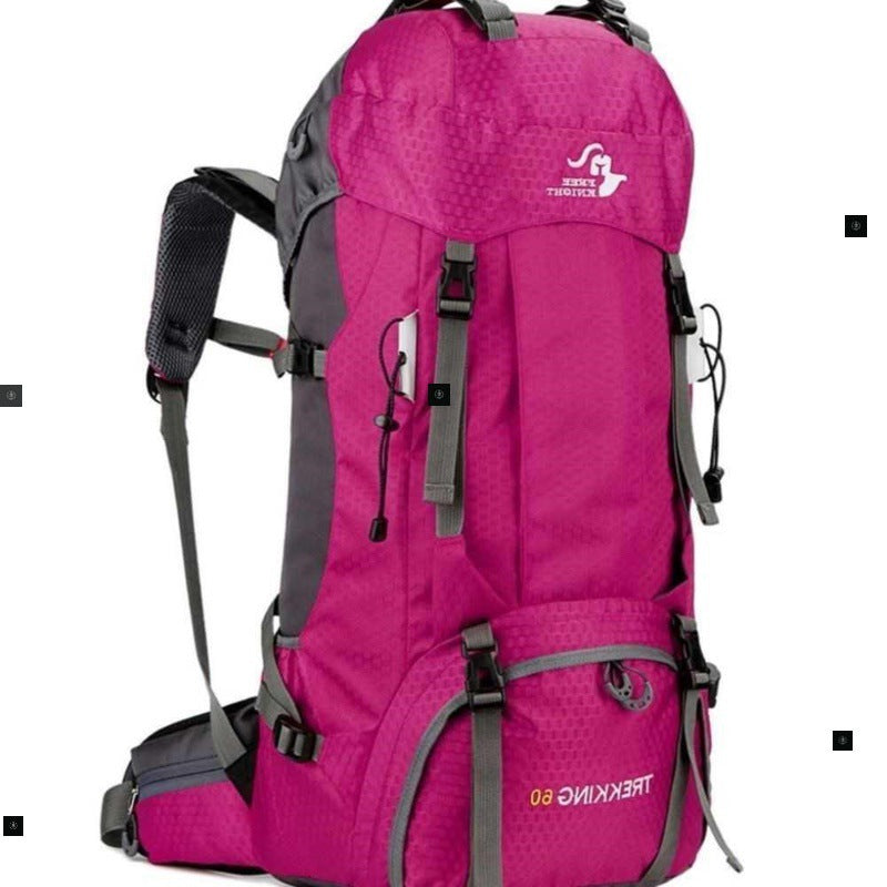 Pink hiking backpack with gray straps on a white background