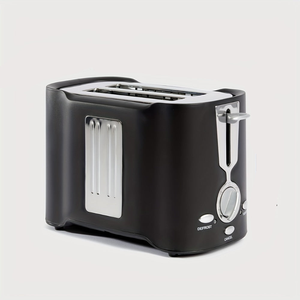 Black toaster with dimensions labeled on a white background
