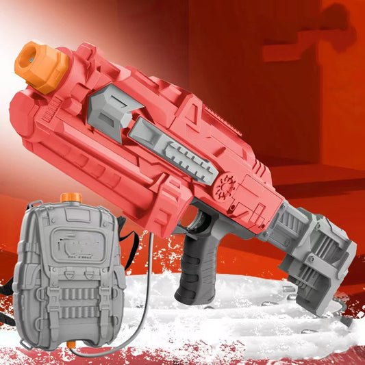 Red and gray toy gun with a backpack-like attachment on a red background