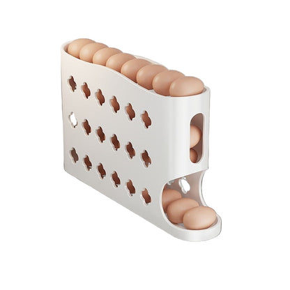 White egg holder with eggs inside, placed in a refrigerator.