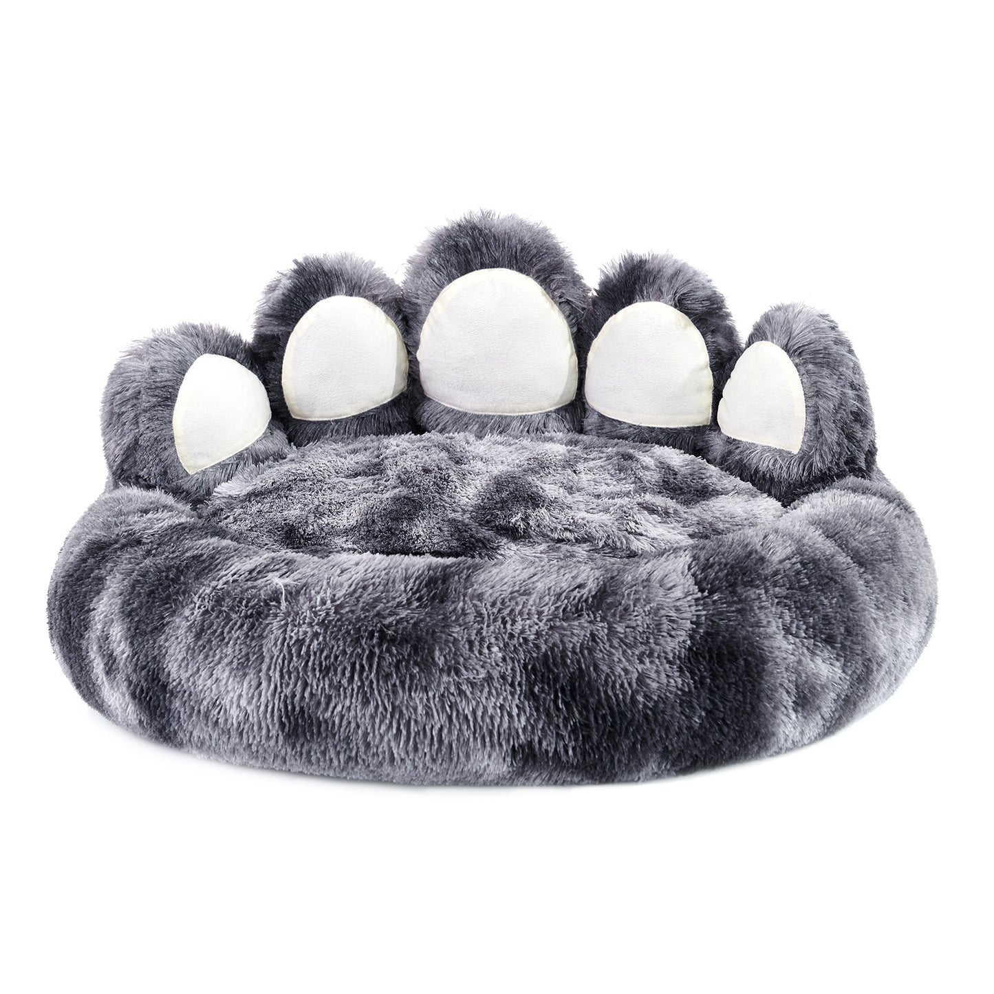 Gray paw-shaped pet bed with white pads on a white background
