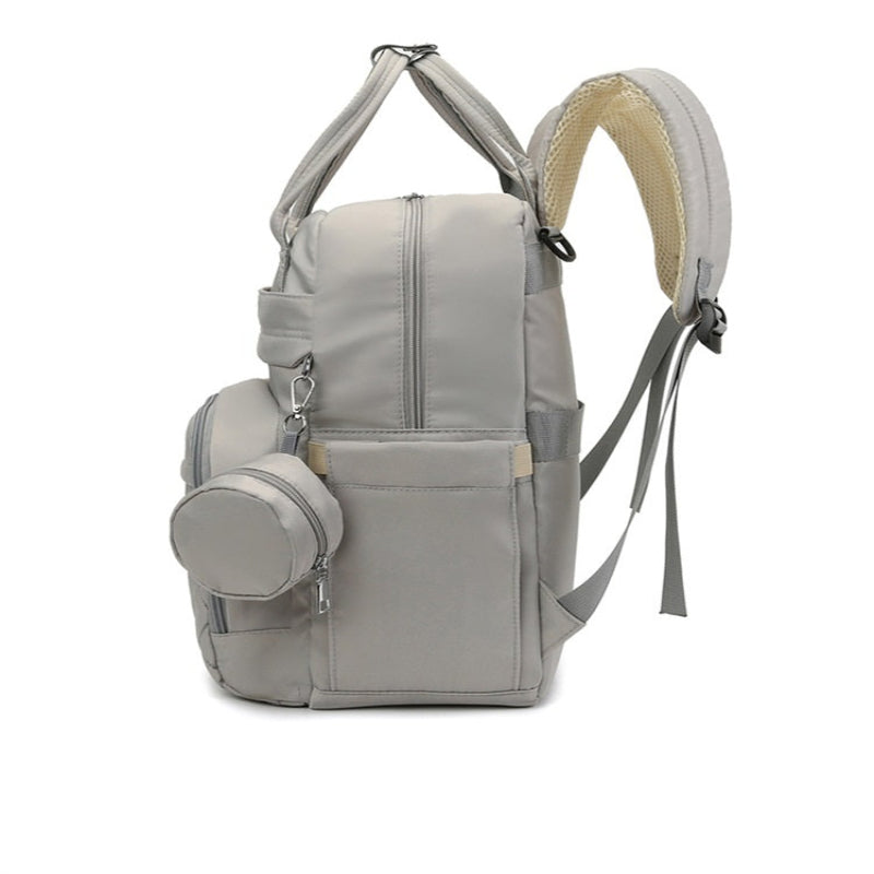 Gray backpack with a cup holder on a white background