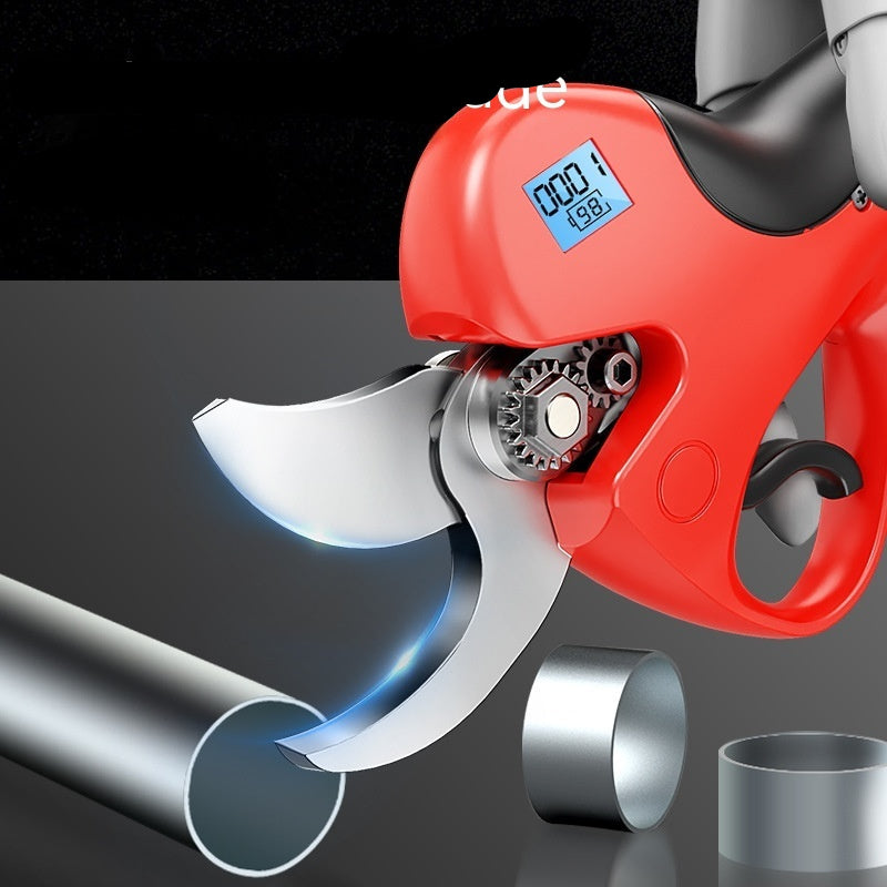 Red pipe cutter with digital display cutting a metal pipe on a dark background