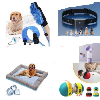 Pet care bundle with various products including a collar, water bottle, and toys on a white background.