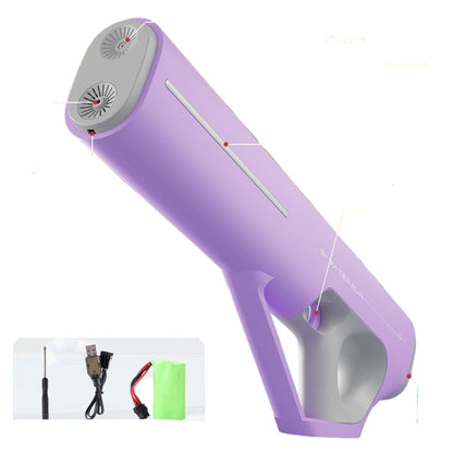 Purple handheld device with labeled parts and accessories on a colorful background