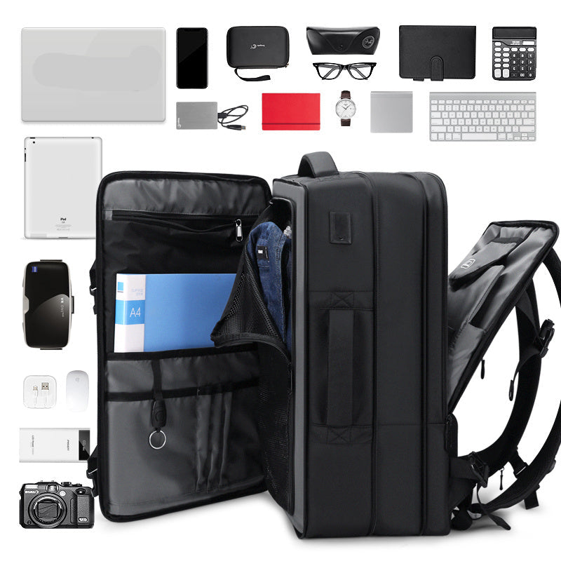 Black backpack with various items displayed on a white background