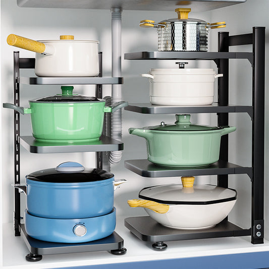 Kitchen storage rack with pots and pans on shelves