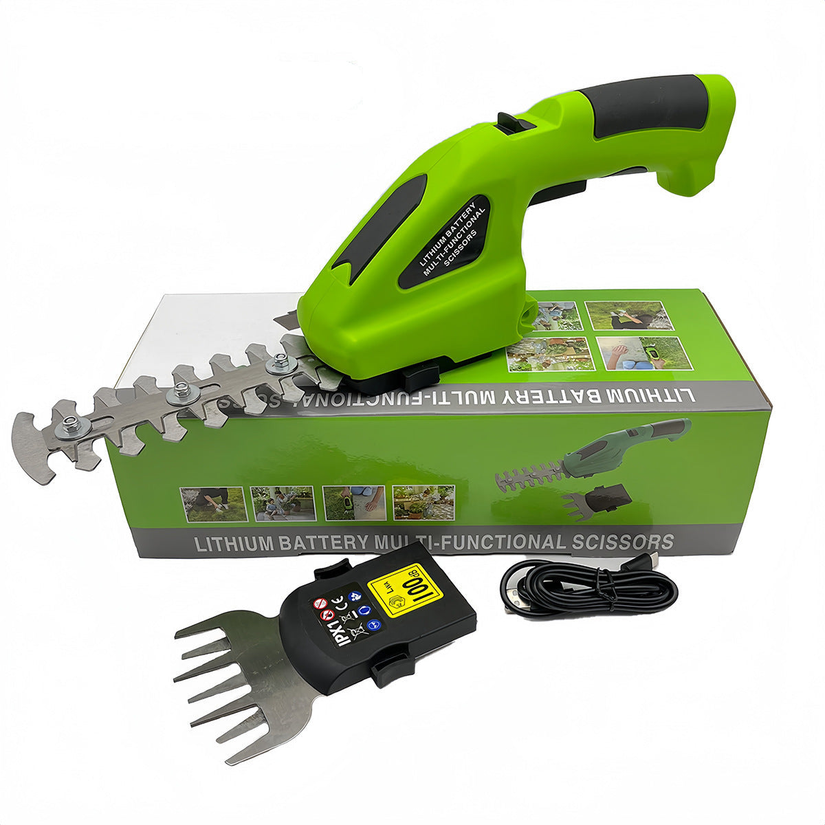Green lithium battery multi-functional scissors with packaging on a white background