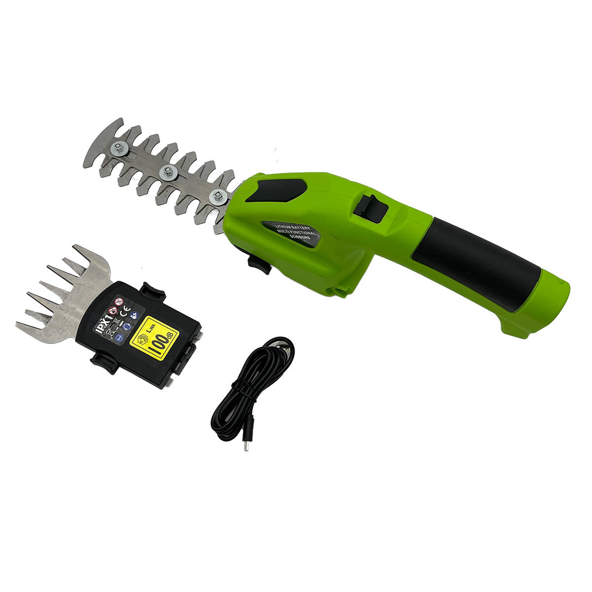 Green electric hedge trimmer with attachments on a white background