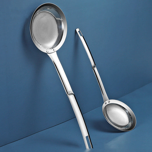Two metal ladles with mesh ends on a blue background