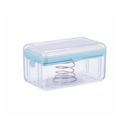 Clear container with a blue lid and measurements on a white background