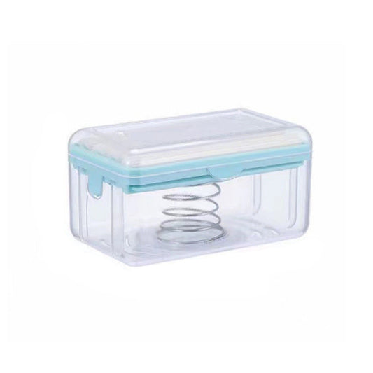 Clear container with a blue lid and measurements on a white background
