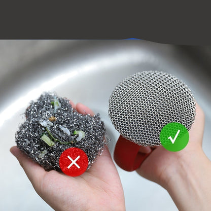 Metal scrubber with residue on one hand and a clean metal ball on the other, with text 'No residue, more hygienic' above.
