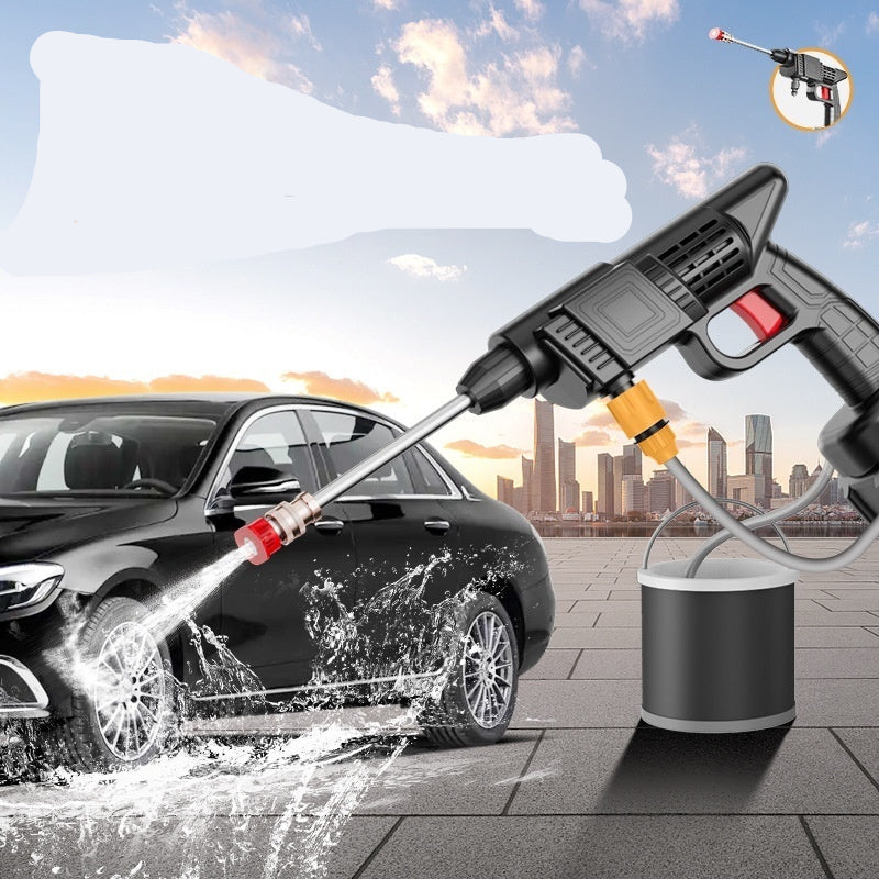 Pressure washer gun with various nozzles being used to wash a car, set against a cityscape background