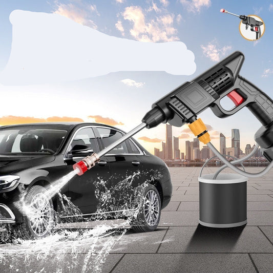 Pressure washer gun with various nozzles being used to wash a car, set against a cityscape background
