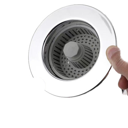 Sink strainer with hand holding it, labeled for anti-clogging filtration and rapid drainage.