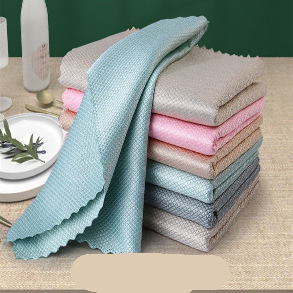 Stack of folded cloths in various colors on a table with 'large10pack' text.