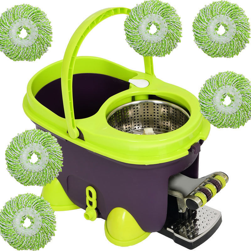 Green and purple cleaning bucket with spin mop and refill heads on a white background