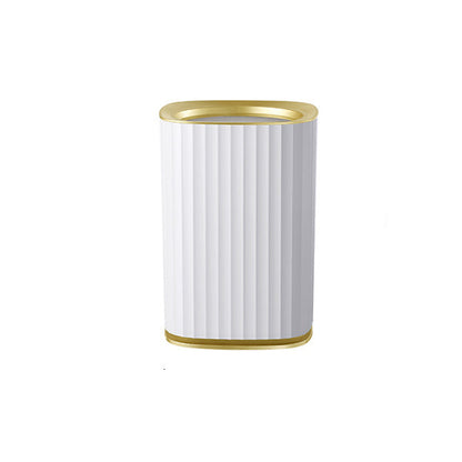 White cylindrical container with gold rim on a white background