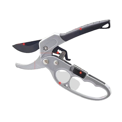 Pruning shears with features highlighted on a gray background