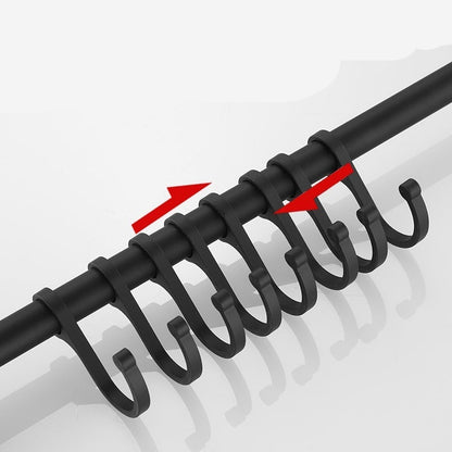 Black movable hook on a white background with text indicating its features.