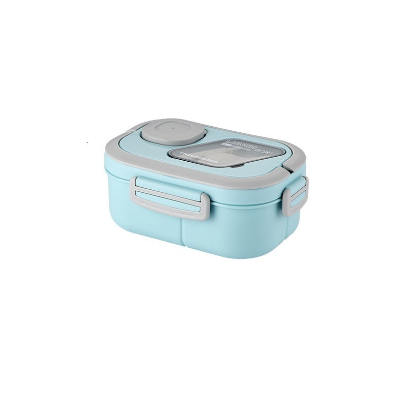 Blue lunch box with dimensions on a white background