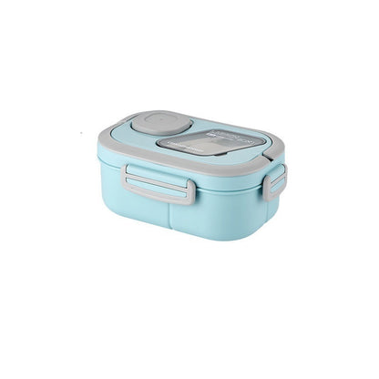 Blue lunch box with dimensions on a white background