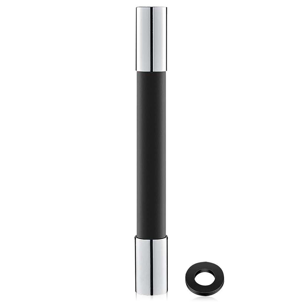 Black and chrome cylindrical object with a smaller black ring on a white background