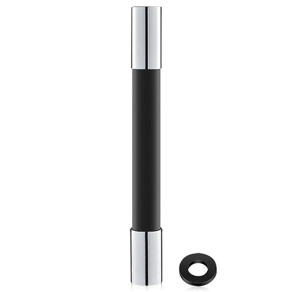 Black and chrome cylindrical object with a smaller black ring on a white background