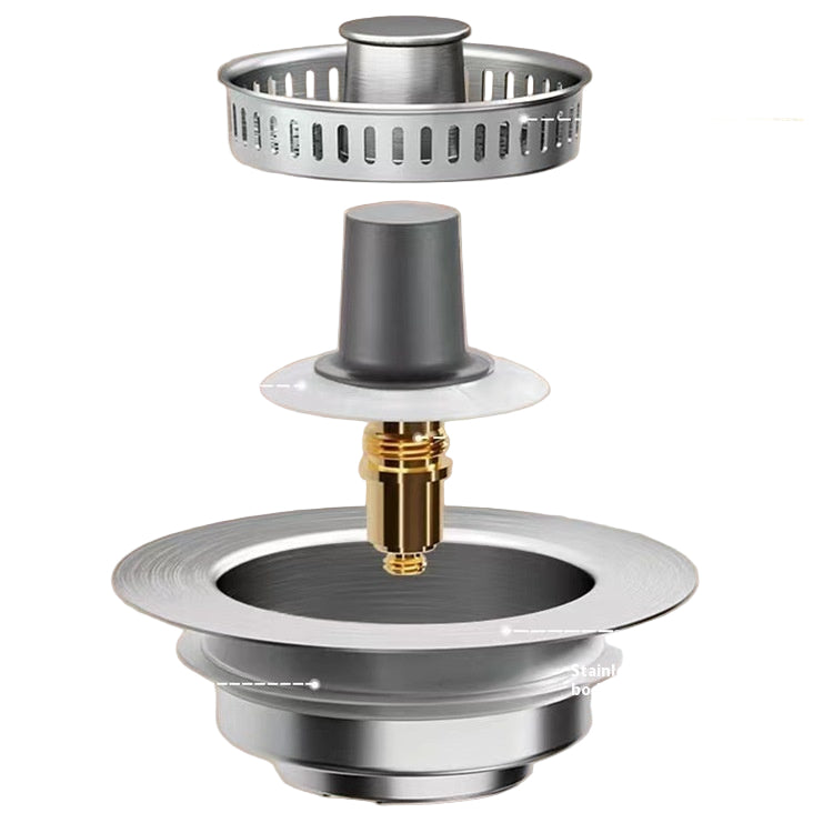 Stainless steel sink strainer with labeled features on a beige background
