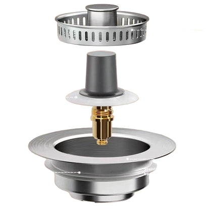 Stainless steel sink strainer with labeled features on a beige background