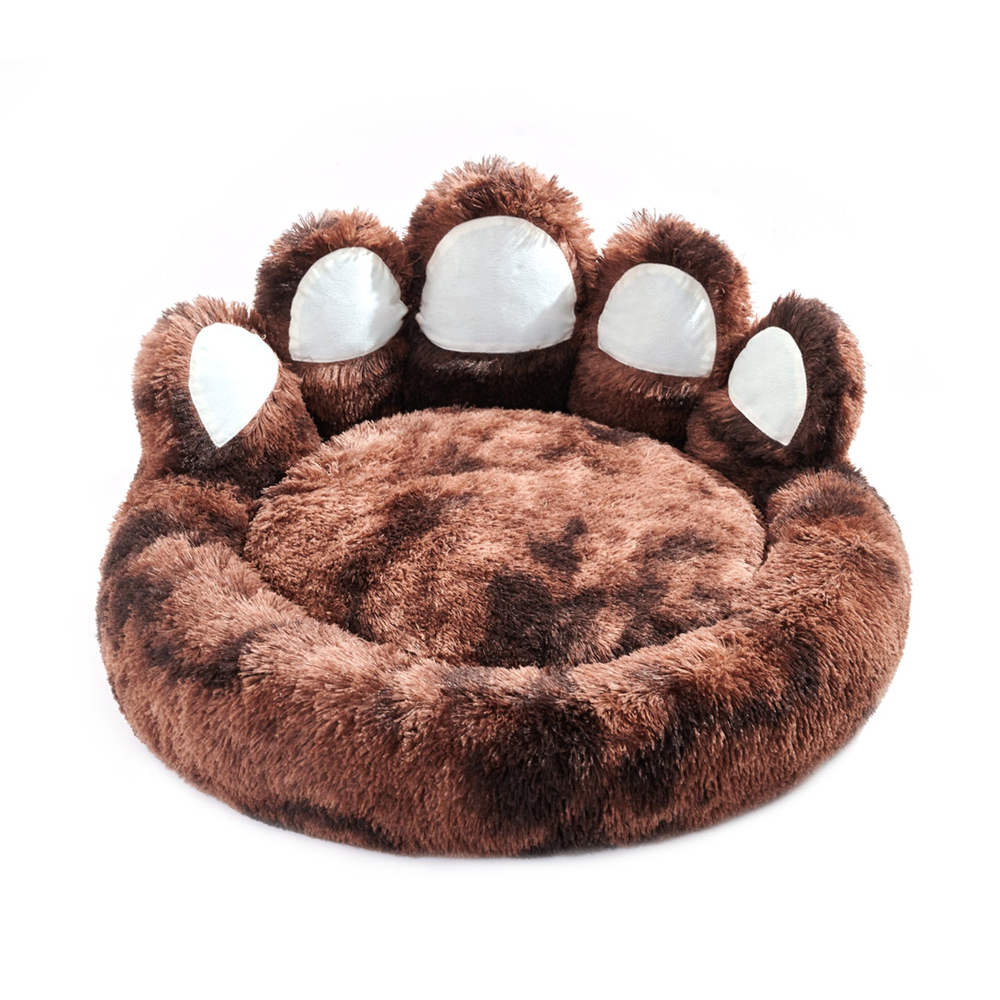 Brown paw-shaped pet bed with white pads on a white background