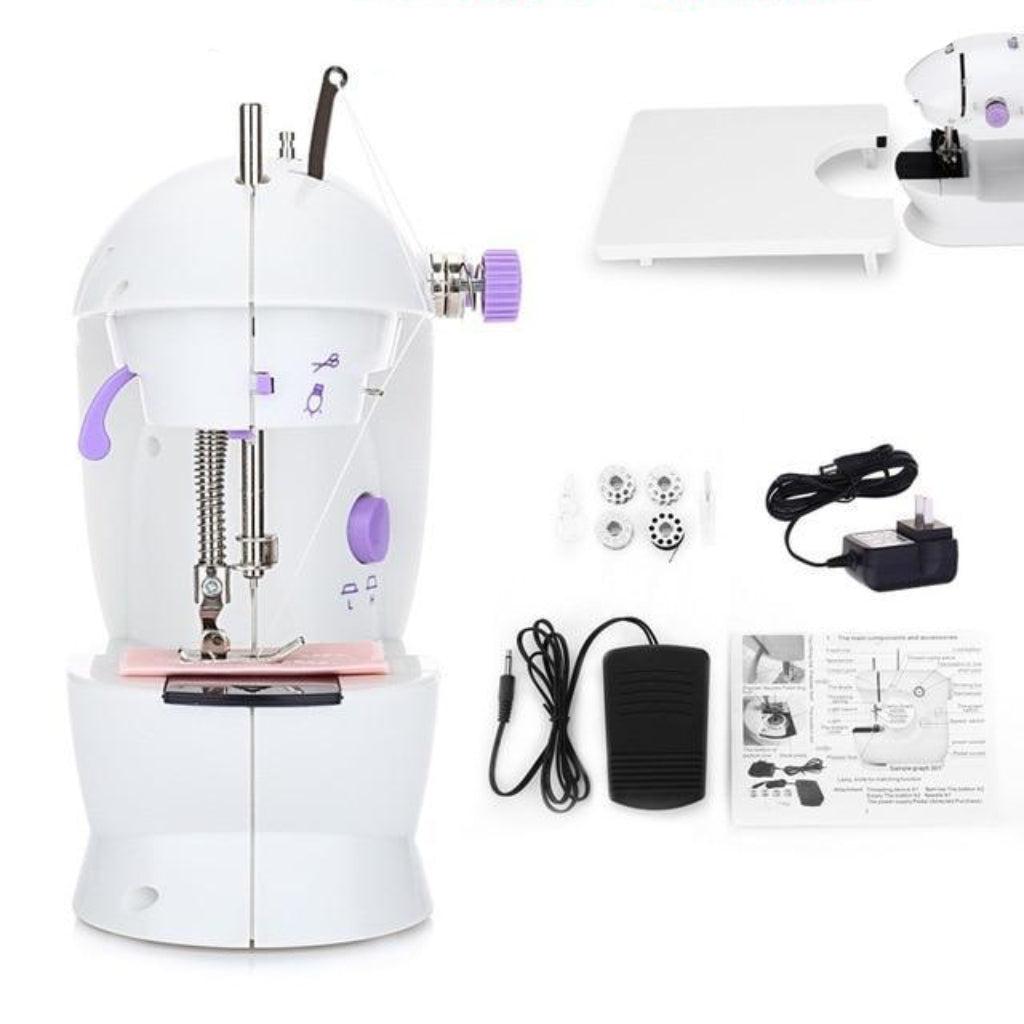 Sewing machine with extension table, accessories, and power cord on a white background