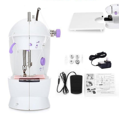 Sewing machine with extension table, accessories, and power cord on a white background