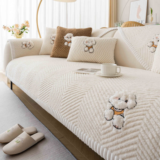 Cartoon Teddy Sofa Cushion Non-Slip Cover Towel – Flannel Dust Cover with Cute Animal Pattern